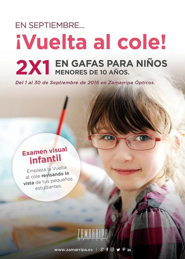 cartel de la promoción 2x1 en gafas para niños durante la vuelta al cole