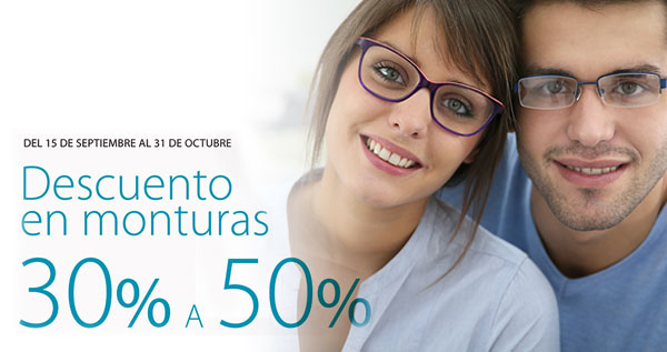 promoción de descuento del 30 al 50% en monturas de gafas