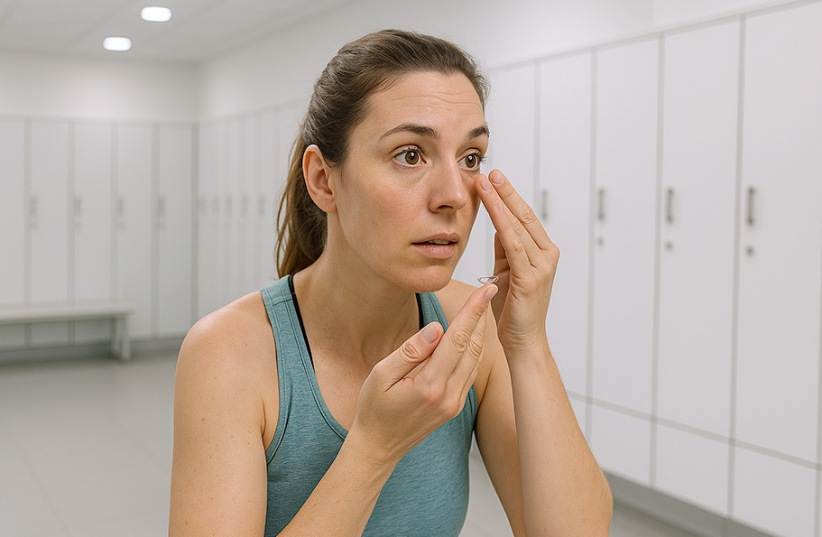 Chica en el gimnasio poniéndose las lentillas