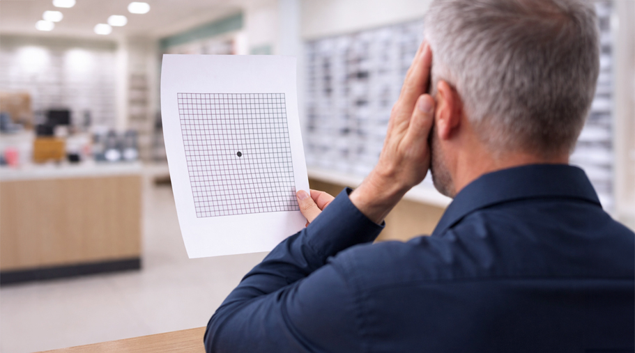 Hombre mayor haciendo el test de la rejilla de Amsler
