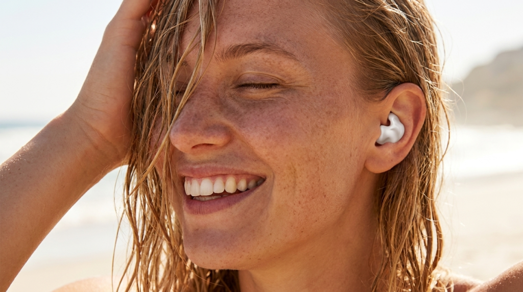chica en la playa con tapones a medida