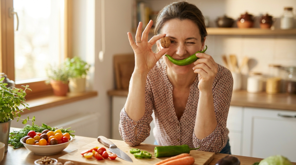 mujer con alimentos saludables