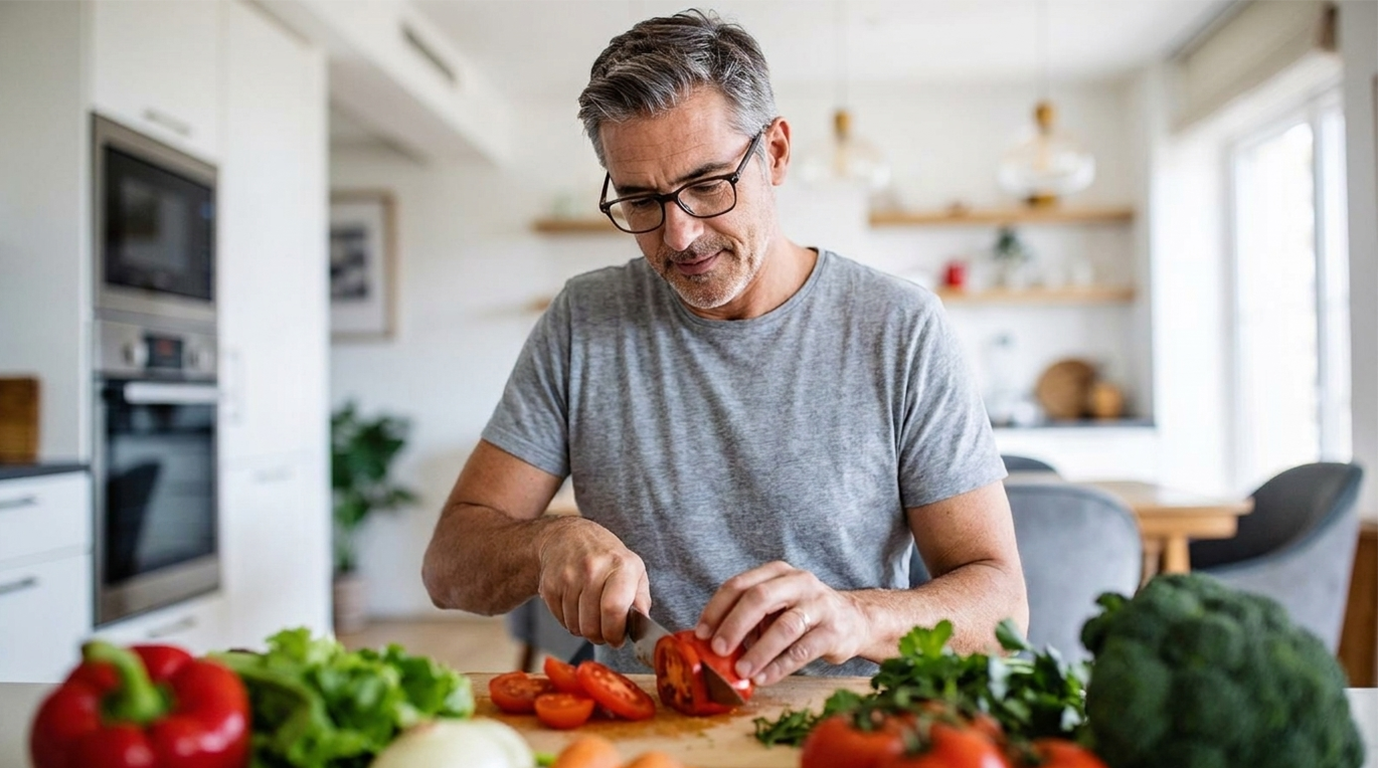 Hombre cocinando alimentos saludables